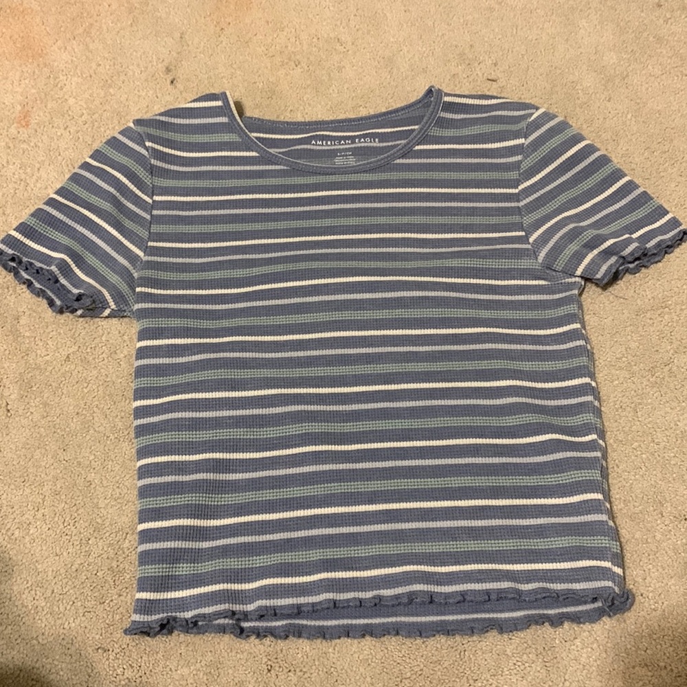 American Eagle Striped Blue/Green/White Semi-Cropped Top Baby Tee